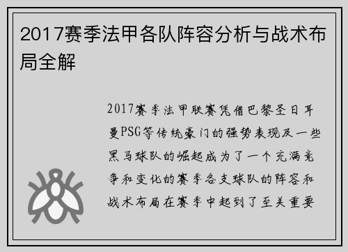 2017赛季法甲各队阵容分析与战术布局全解