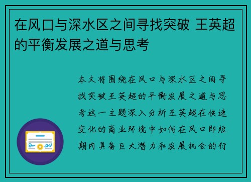 在风口与深水区之间寻找突破 王英超的平衡发展之道与思考