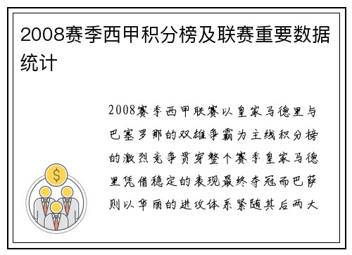 2008赛季西甲积分榜及联赛重要数据统计